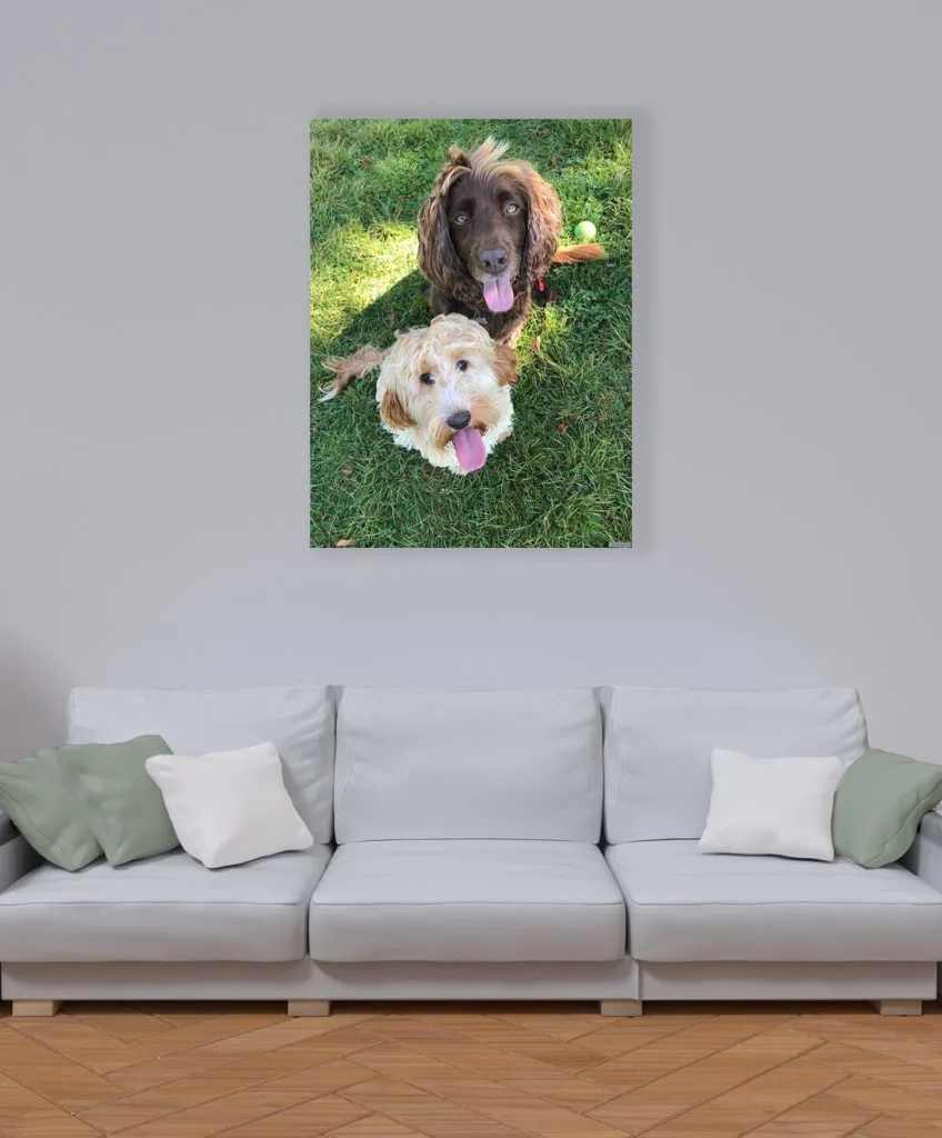 Fotopaneel met honden in de woonkamer
